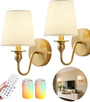 Battery Operated Wall Sconces set of Two,Wireless Wall Sconces with 10000mAh Dimmable Bulb and Remote,LED 15 Colors Rechargeable Gold Wall Sconce with Fabric for Bedroom Living Room Hallway Wall Decor