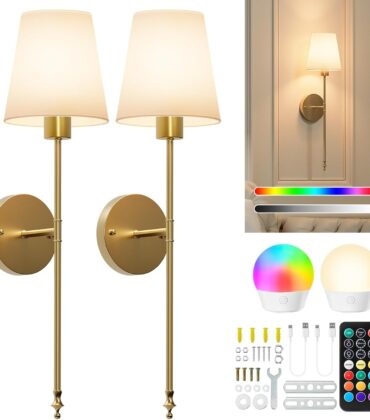 Brightown Battery Operated Wall Sconces Set of Two, RGBWW Wireless Rechargeable Wall Lights with Dimmable Magnetic Bulbs and Remote, Gold Wall Lamp for Living Room Bedroom Hallway Decor