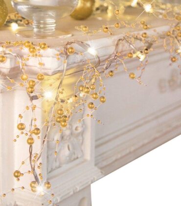 VERY100 Christmas Garland with Lights 8.3 FT Festival Lighted Berry Beaded Garland Christmas Decorations for Indoor Home Mantel Fireplace Holiday Party Decor(Gold)